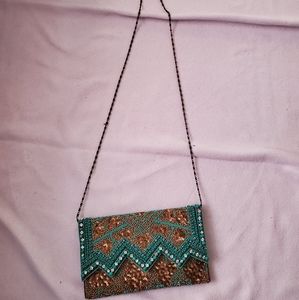 Crossbody clutch purse with rhinestones turquoise